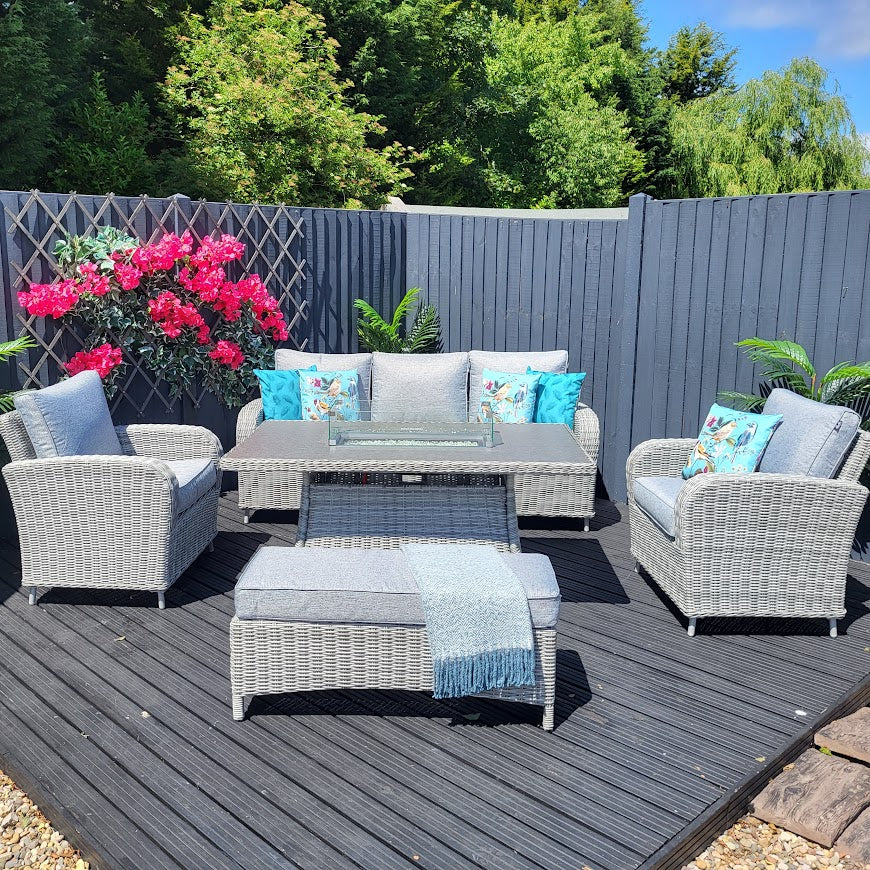 Clearance - Outdoor Lounge Set with Firepit in Grey (Light Grey Cushions) - Club By Harbo