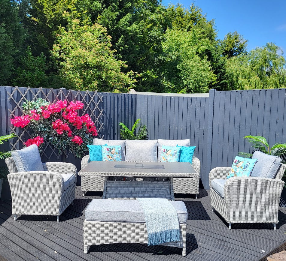 Clearance - Outdoor Lounge Set with Firepit in Grey (Light Grey Cushions) - Club By Harbo