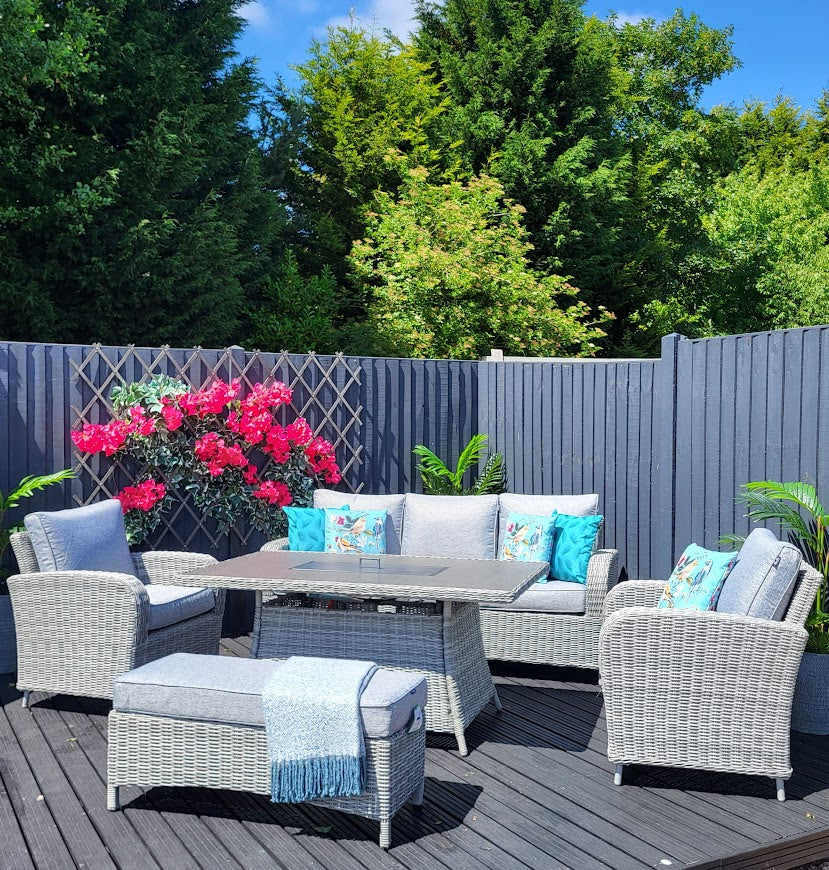 Clearance - Outdoor Lounge Set with Firepit in Grey (Light Grey Cushions) - Club By Harbo