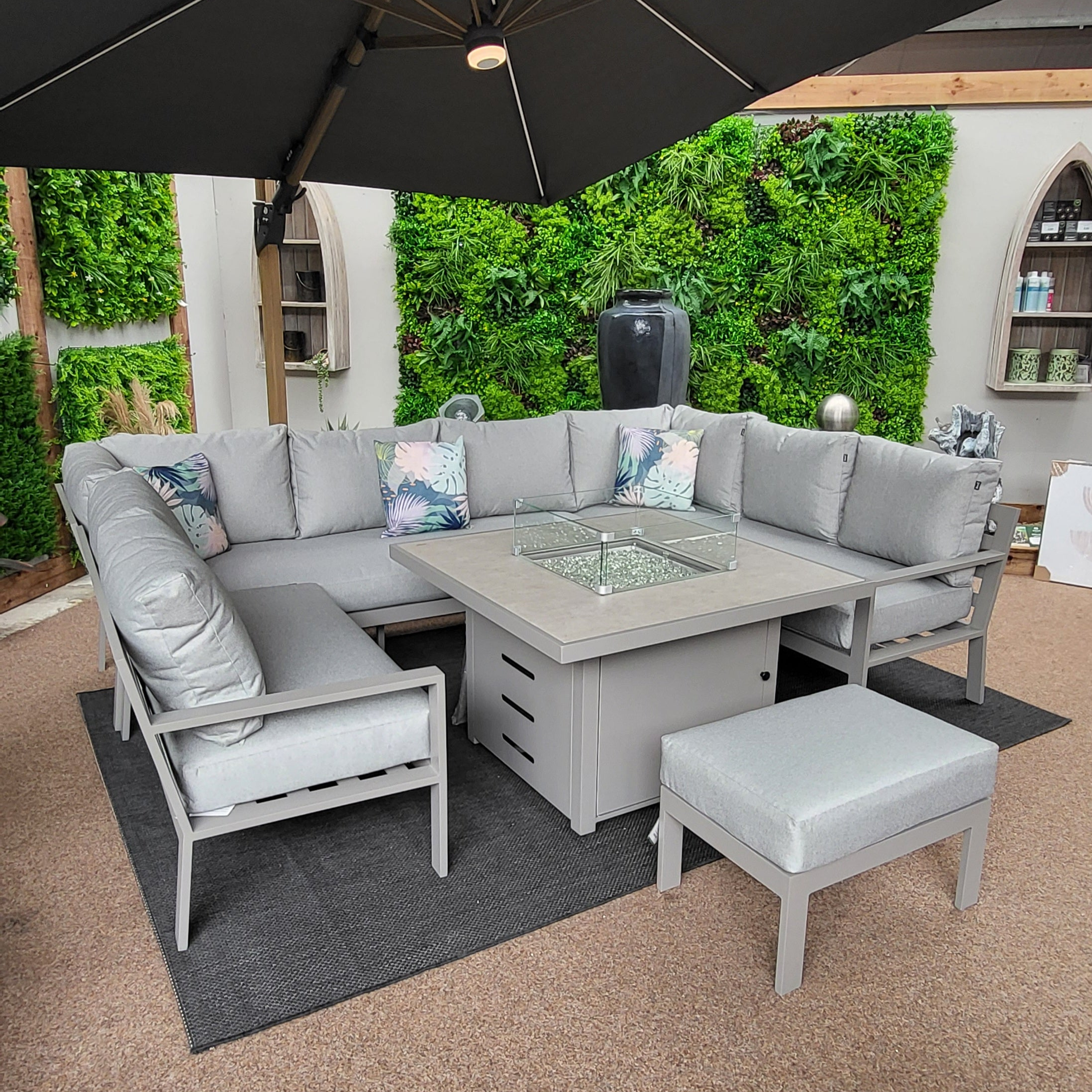 EX-DISPLAY - Outdoor U Shaped Corner Set With Firepit Table - Rio By Hartman