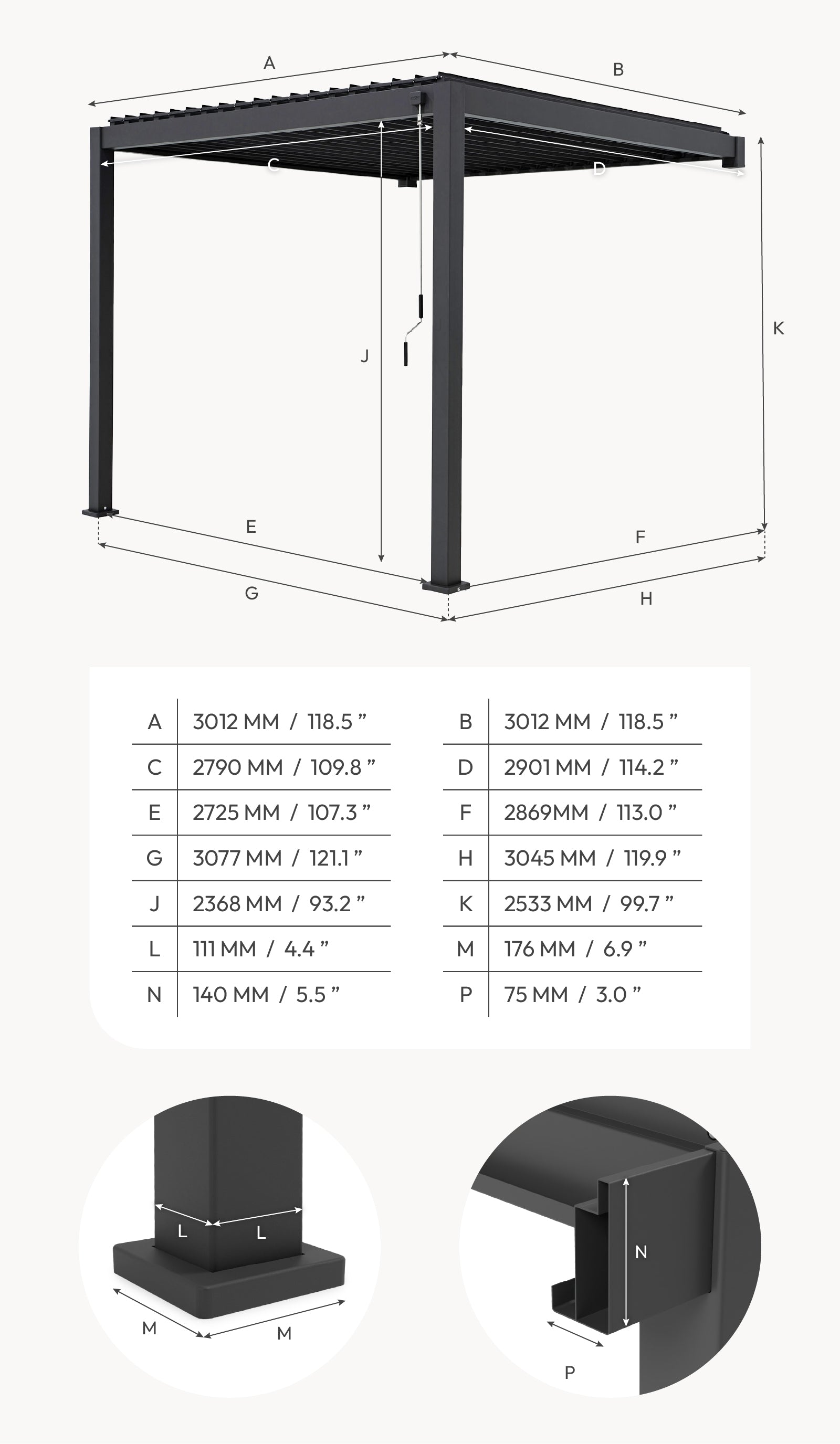 Titan Aluminium Wall Mounted Pergola - 3.0m x 3.0m in Graphite Grey