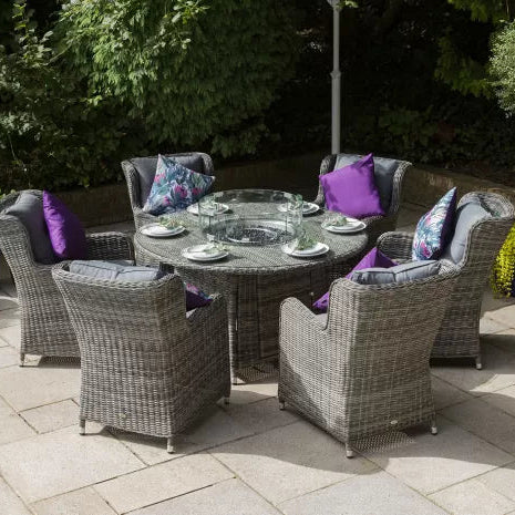 Seville 6 Seat Dining Round Fire Pit Set in Grey | Katie Blake (Free Cover)