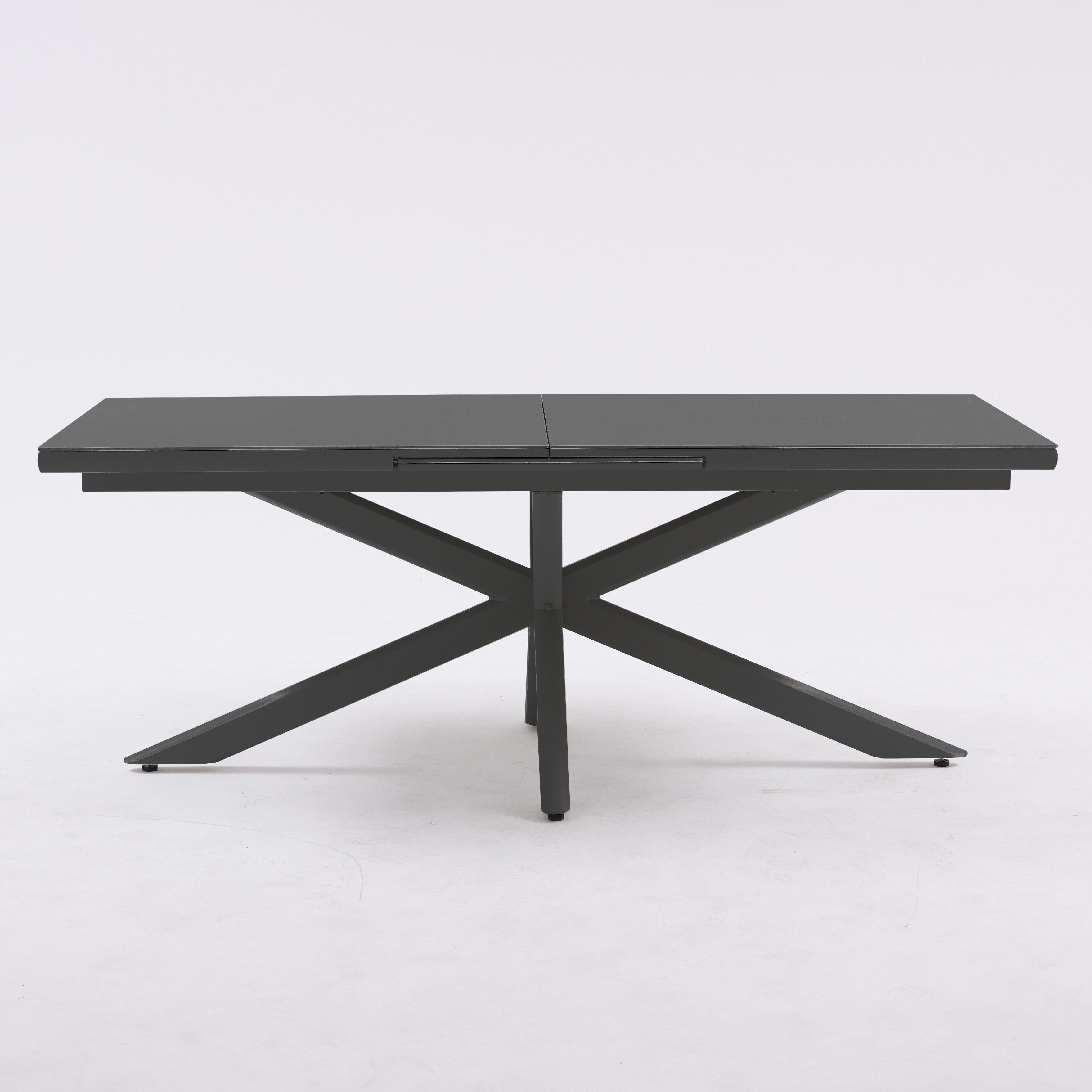 Dark gray dining table with X-shaped legs on a white background
