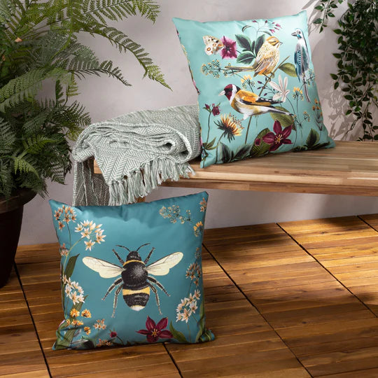 Midnight Garden Birds Outdoor Scatter Cushion - Aqua