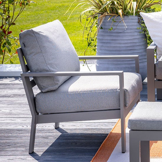 Outdoor patio set with gray chairs, ottomans, and a table on a wooden deck with a garden view.