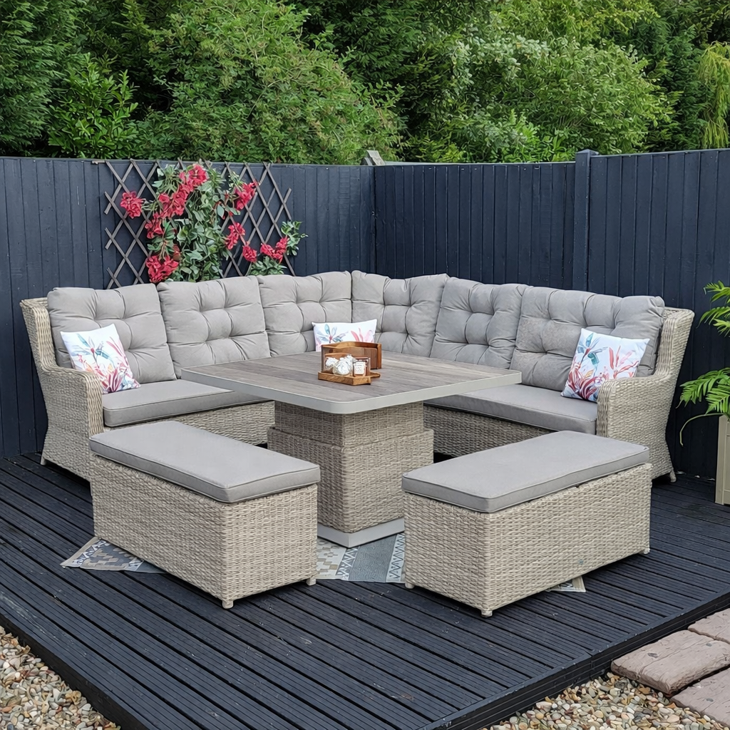 Large Corner Set with Adjustable Table in Ecru- Langdale By Vila