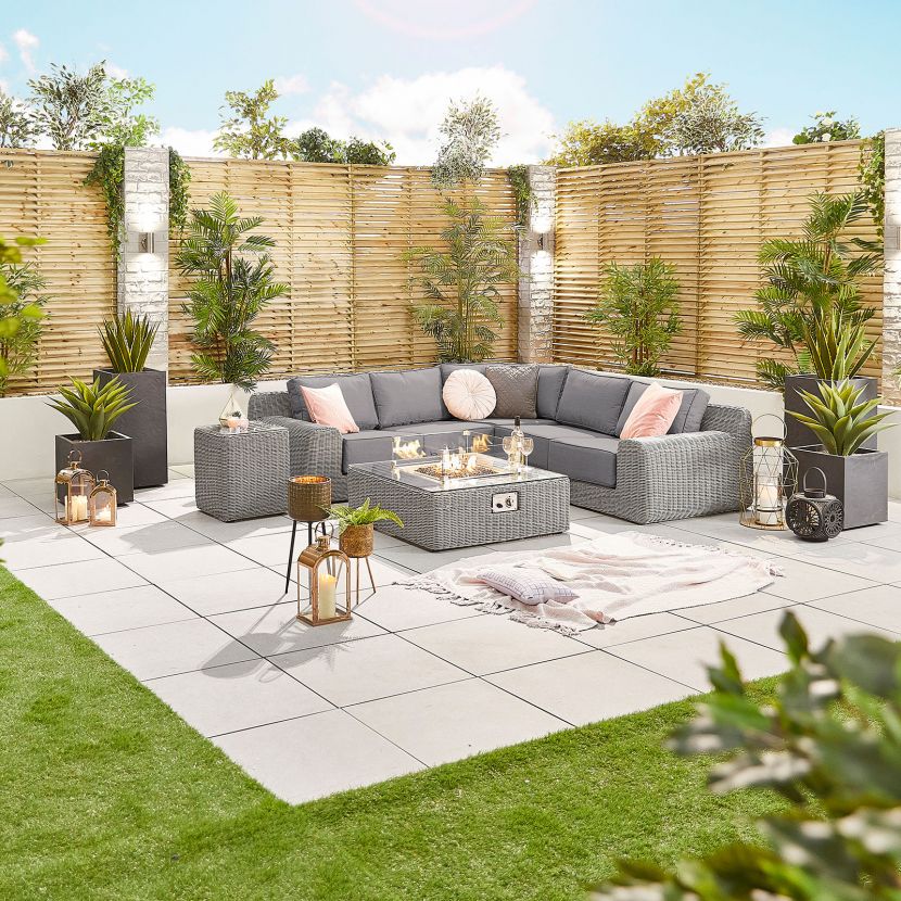 Outdoor Corner with Firepit Table in White Wash - Luxor By Nova