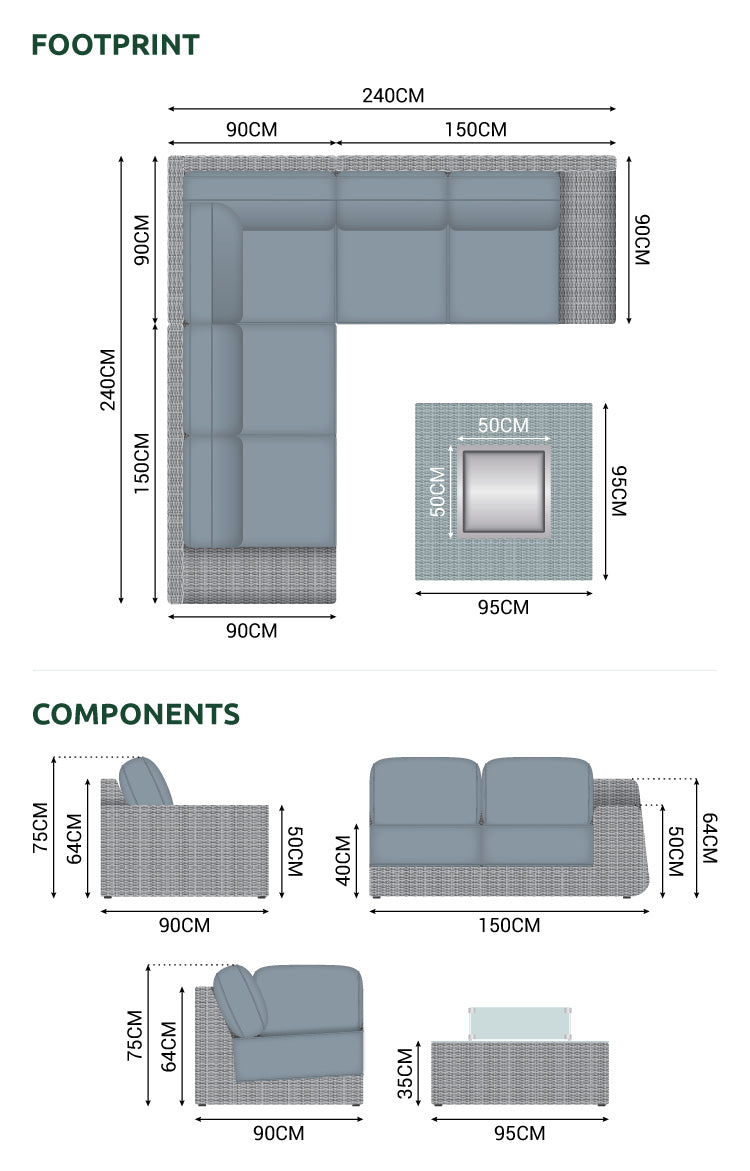 Outdoor Corner with Firepit Table in Willow - Luxor By Nova