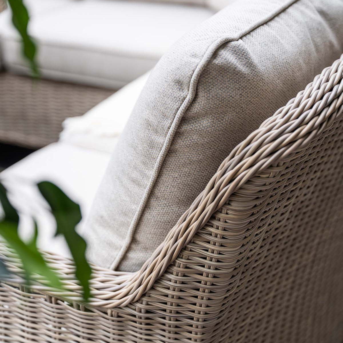 Close-up of a wicker chair with a cushion, surrounded by greenery.