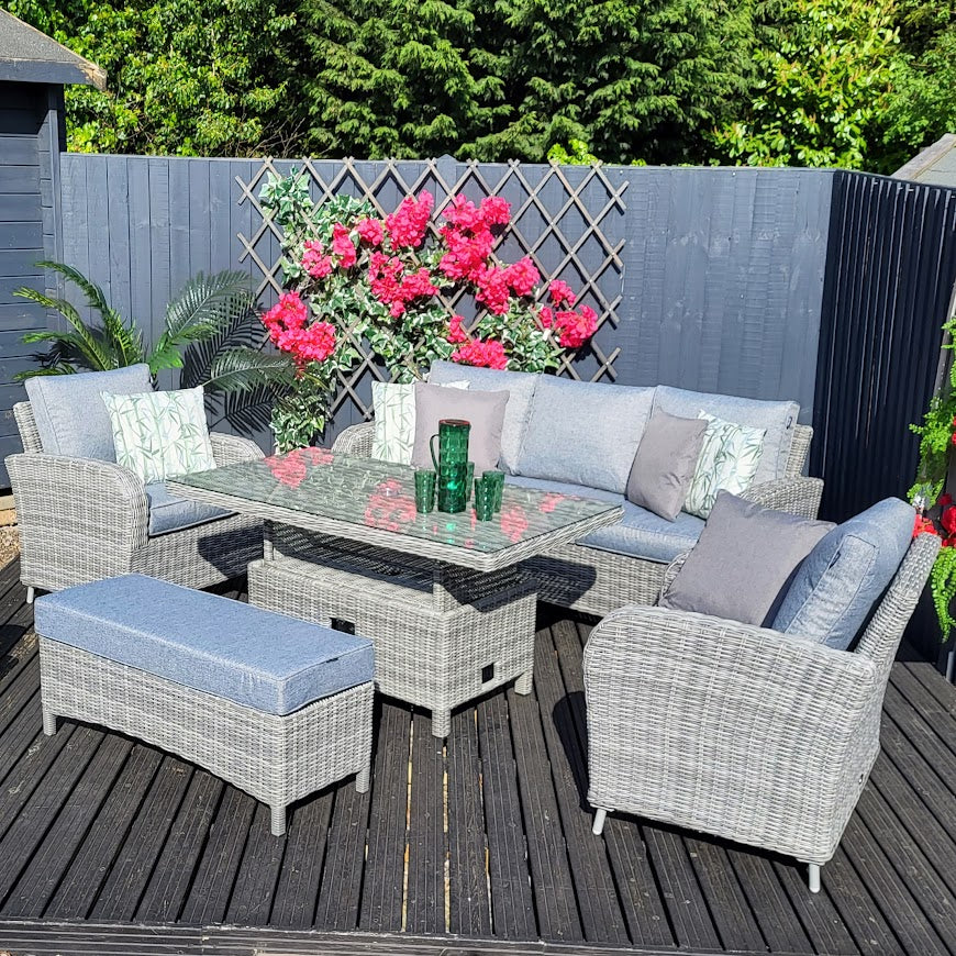Outdoor Lounge with Adjustable Table in Grey (Light Grey Cushions) - Club By Harbo