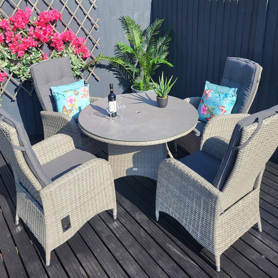 Outdoor 4 Seat Reclining Round Dining Set in Grey - Ambleside By Vila
