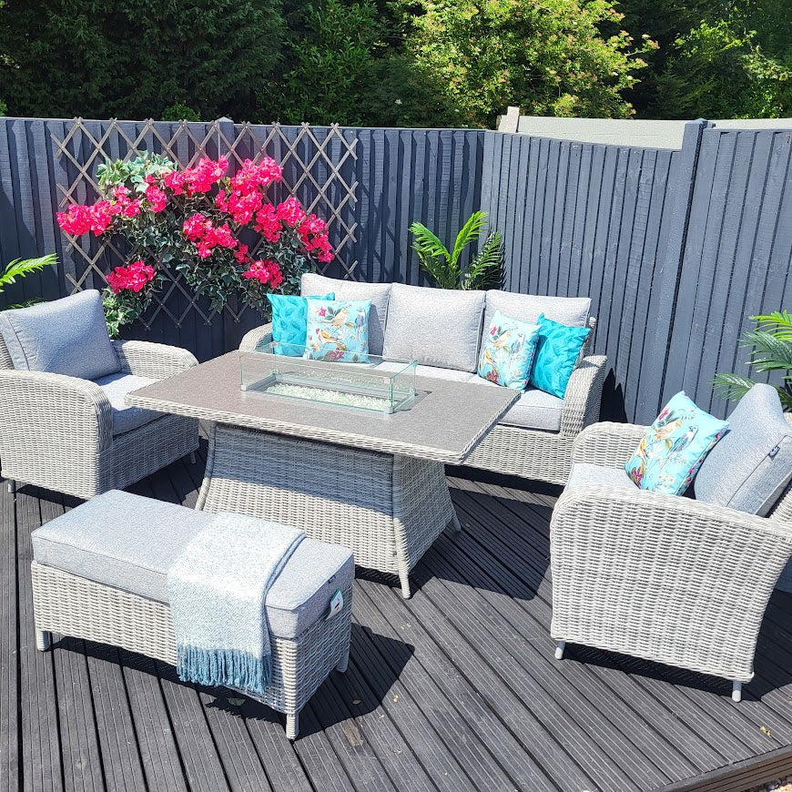 Outdoor Lounge Set with Firepit in Grey (Light Grey Cushions) - Club By Harbo