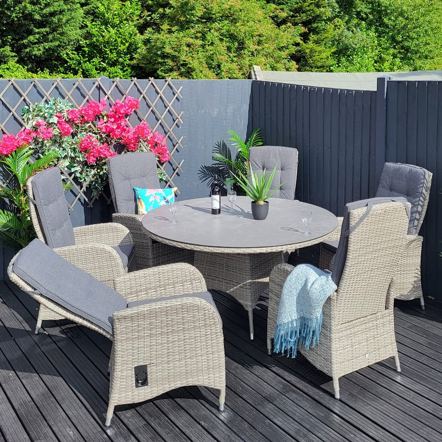 Outdoor 6 Seat Reclining Round Dining Set In Grey - Ambleside By Vila