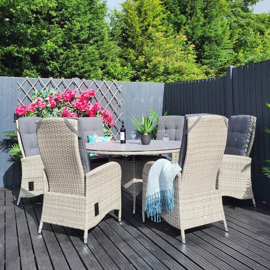 Outdoor 6 Seat Reclining Round Dining Set In Grey - Ambleside By Vila