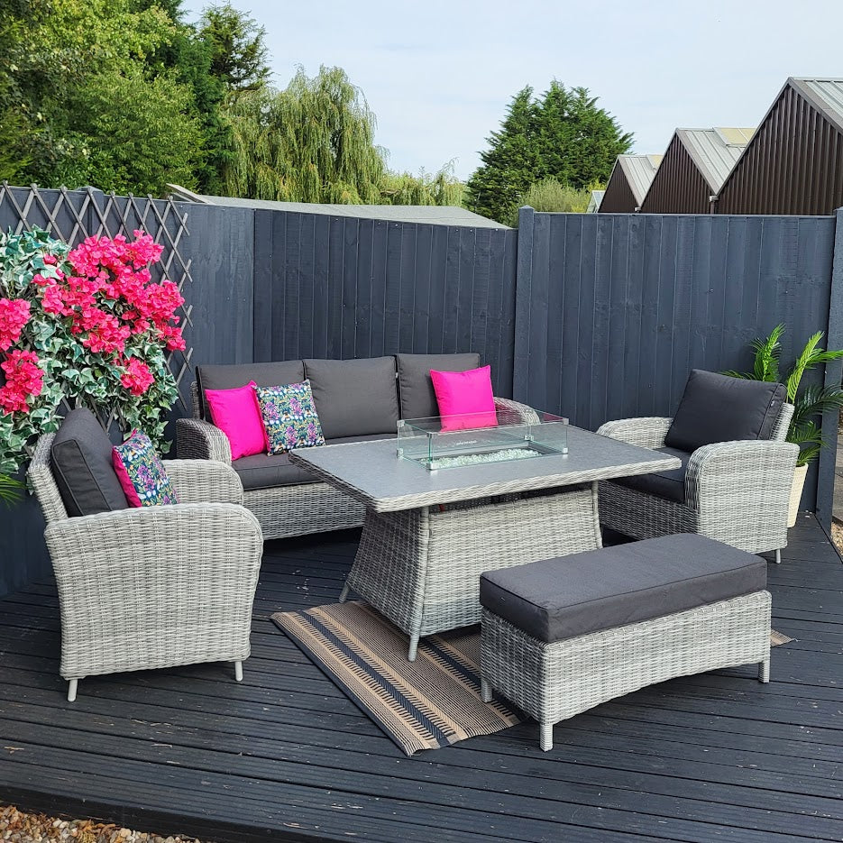 Outdoor Lounge Set with Firepit in Grey (Dark Grey Cushions) - Club By Harbo