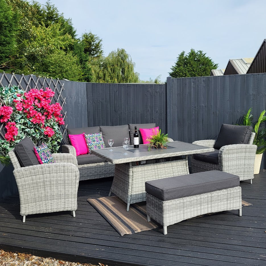 Outdoor Lounge Set with Firepit in Grey (Dark Grey Cushions) - Club By Harbo