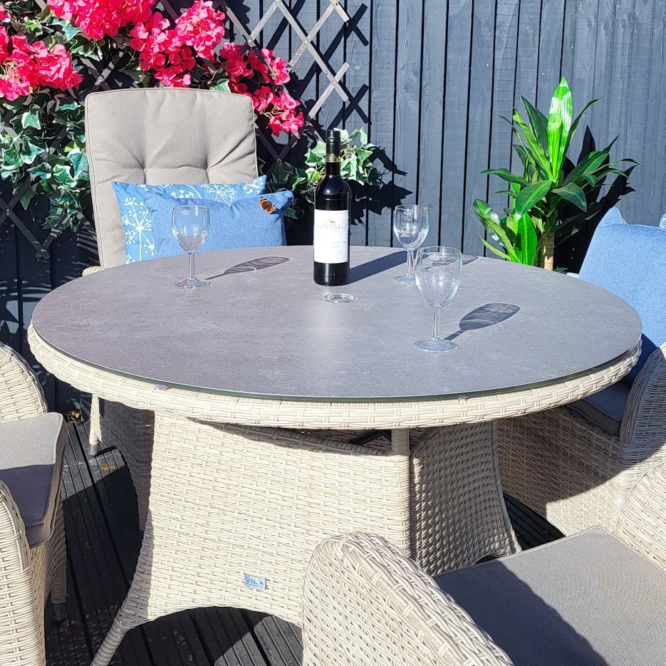 Outdoor 4 Seat Reclining Round Dining Set in Natural - Ambleside By Vila