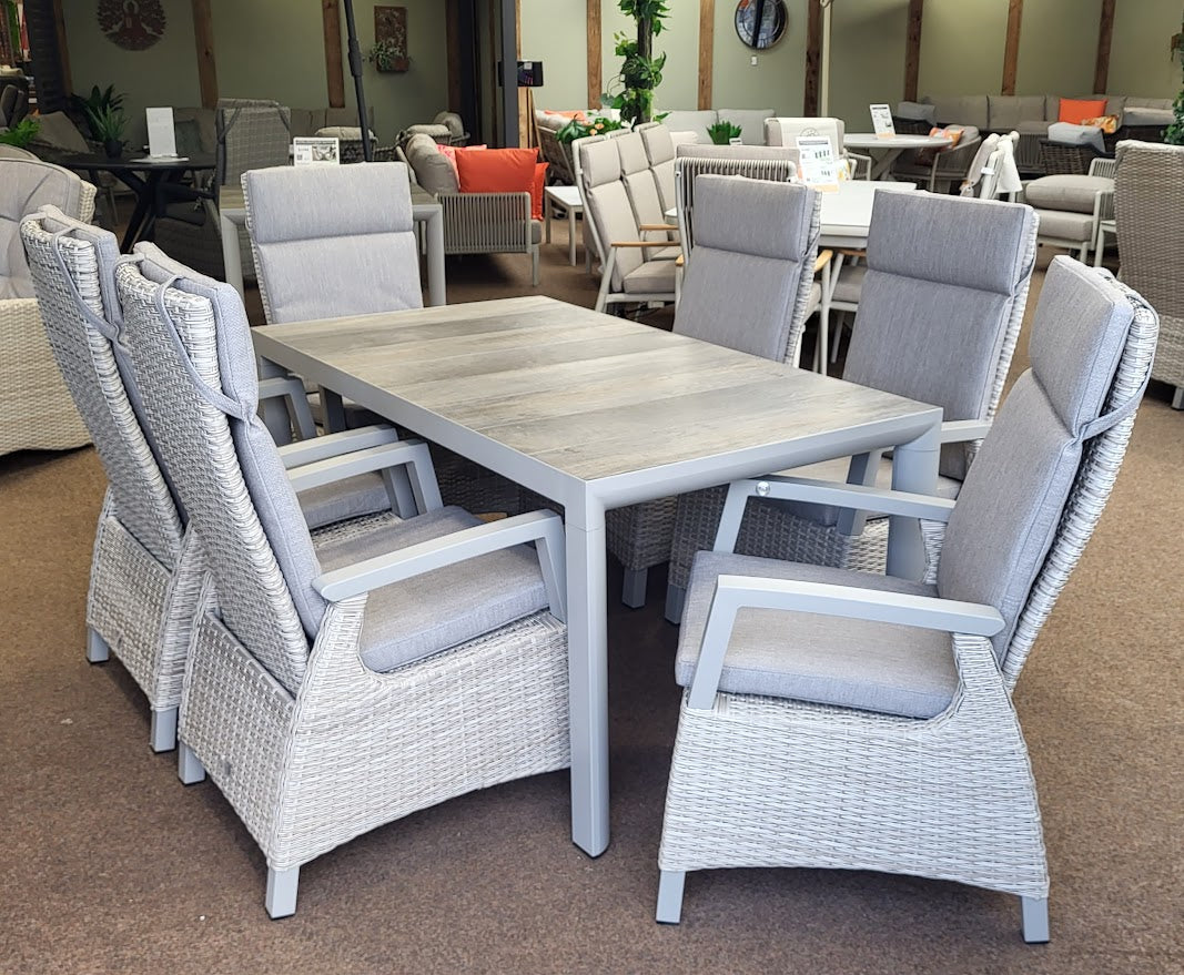 Kendal 6 Seat Outdoor Reclining Dining Set All Weather in Ecru | Vila