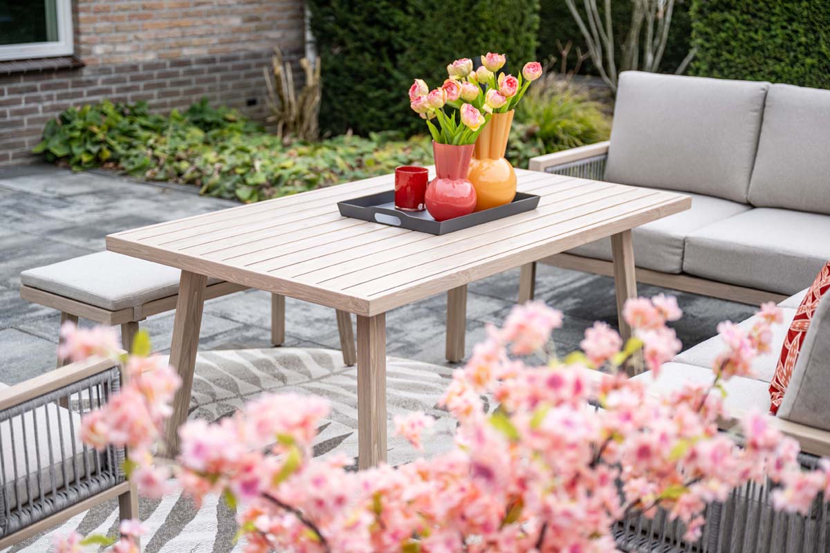 Outdoor patio setting with a table, chairs, and a couch on a patio with cherry blossoms in the foreground.