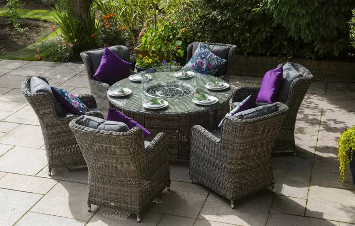 Seville 6 Seat Dining Round Fire Pit Set in Grey | Katie Blake (Free Cover)