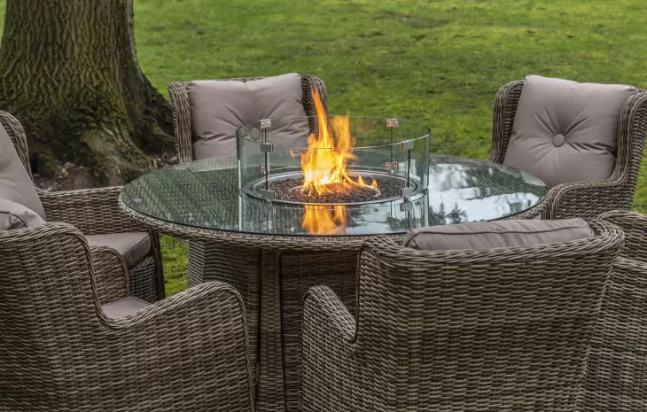 Seville 6 Seat Dining Round Fire Pit Set in Natural | Katie Blake (Free Cover)