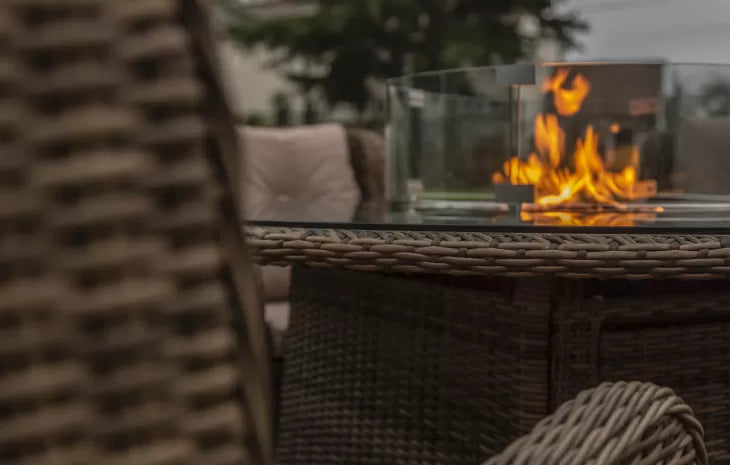 Seville 6 Seat Dining Round Fire Pit Set in Natural | Katie Blake (Free Cover)