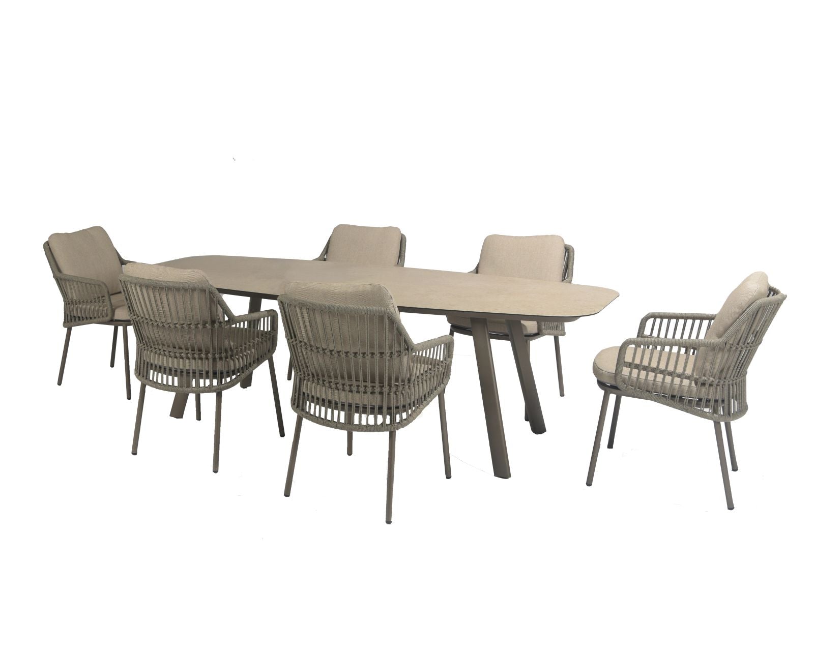 Alicante 6 Seat Dining Set with Manolo Barrell Table in Terre | 4 Seasons Outdoor