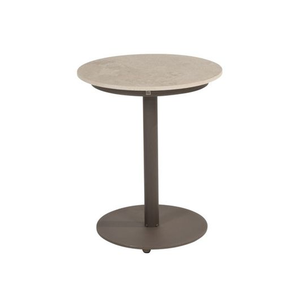 Round side table with a textured top and metal base on a white background