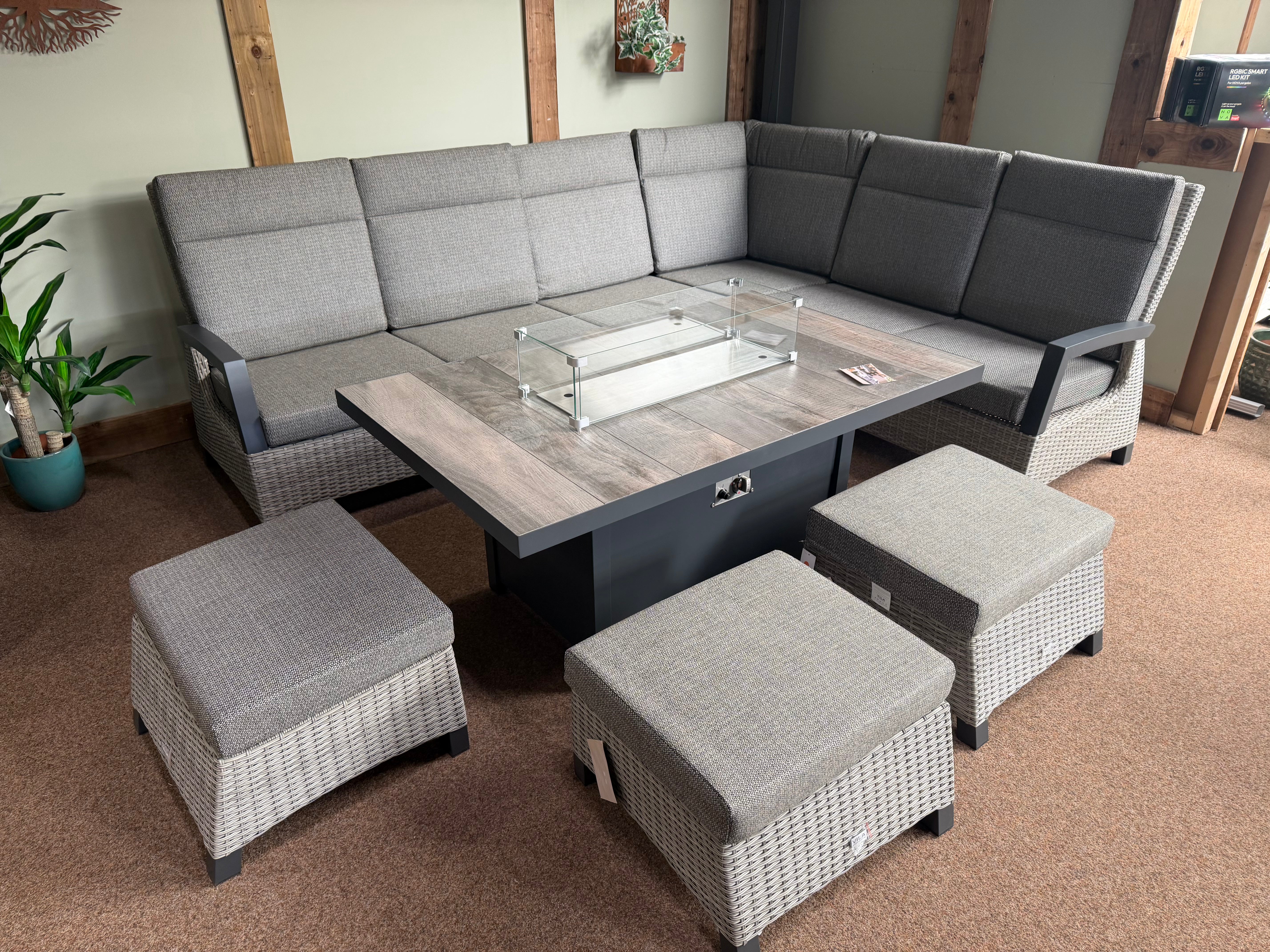 Outdoor Modular Corner with Firepit Table in Pewter |  Kendal By Vila