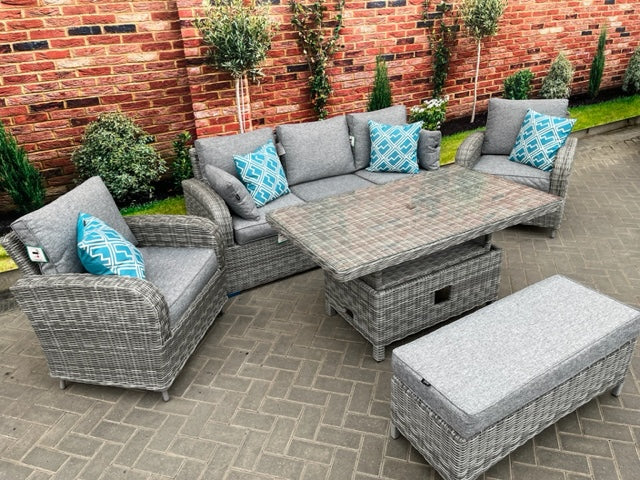 Outdoor Lounge with Adjustable Table in Grey (Light Grey Cushions) - Club By Harbo