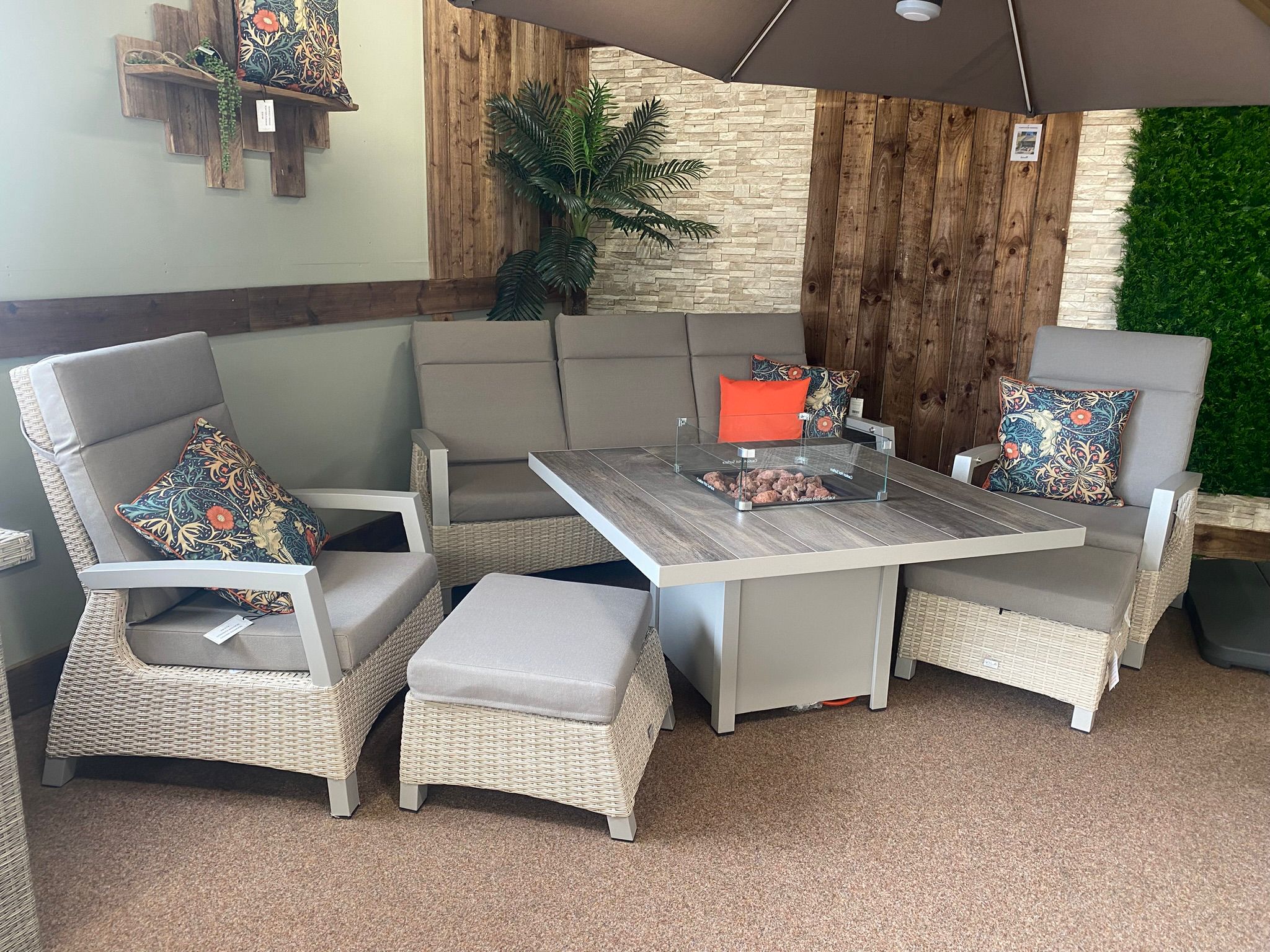 Outdoor Reclining Lounge Set with Square Firepit table in Natural - Kendal by Vila