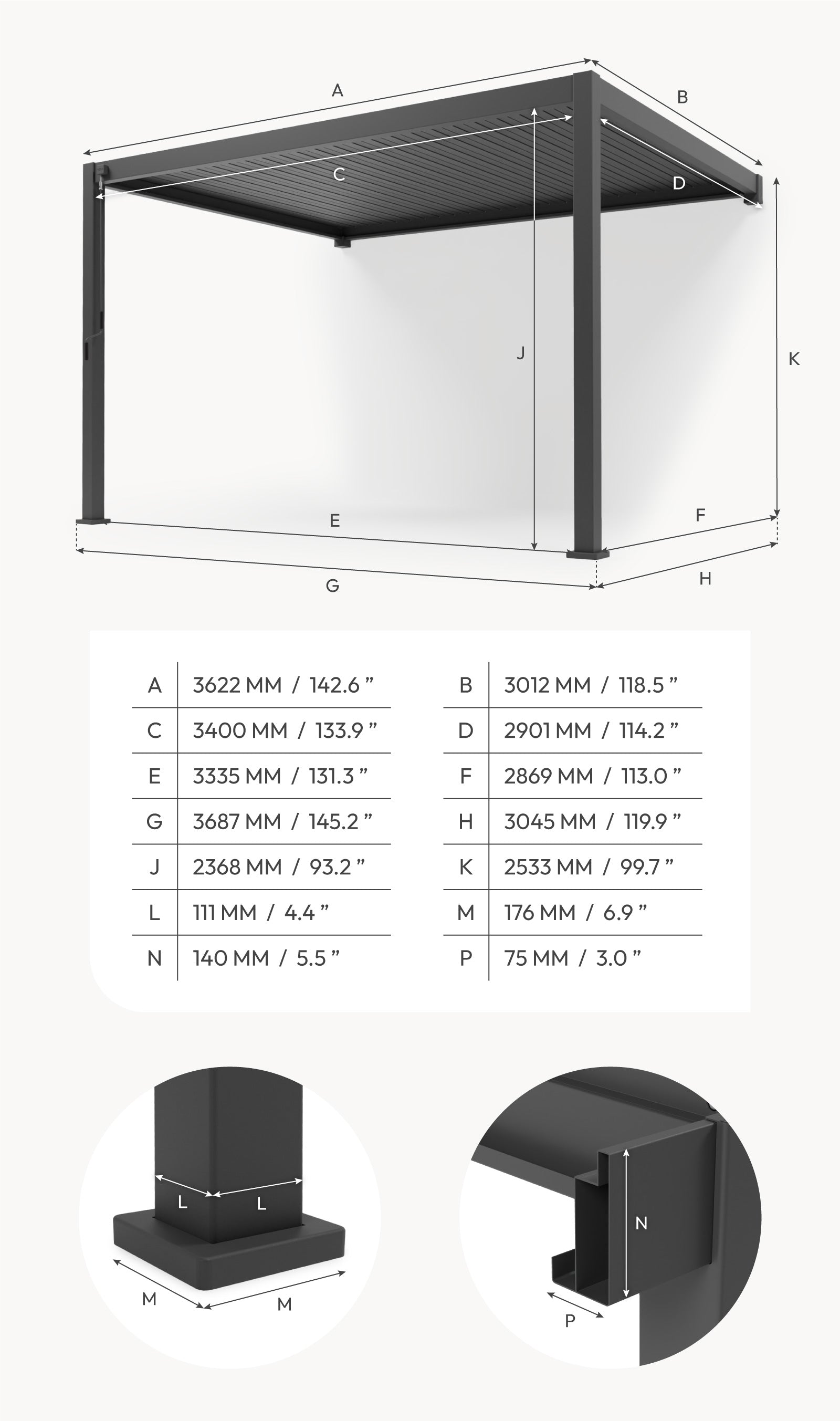 Titan Aluminium Wall Mounted Pergola - 3.6m x 3.0m in Graphite Grey