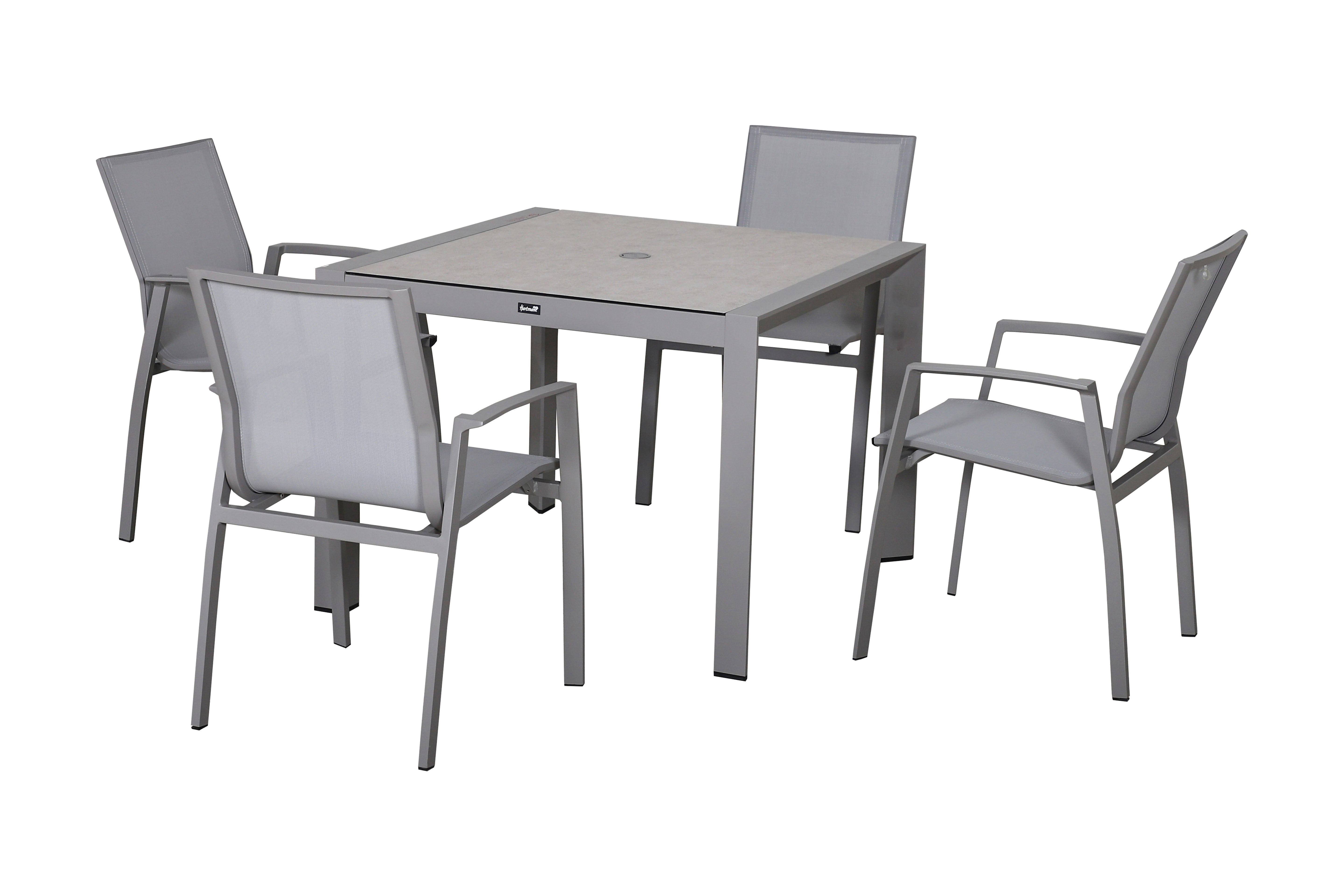 Outdoor furniture set with a square table and four chairs on a white background