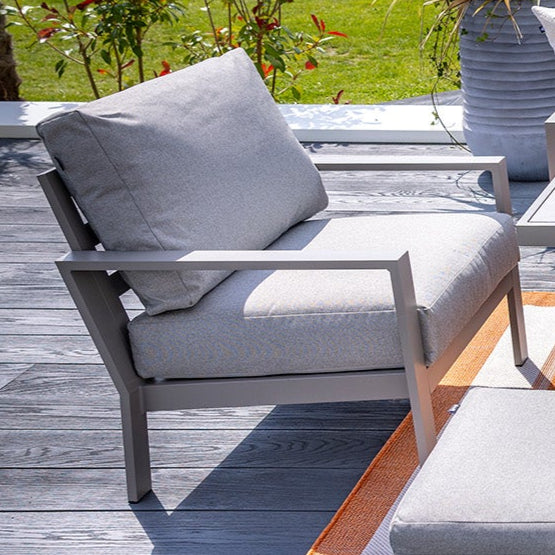 Outdoor patio set with chairs, table, and benches on a wooden deck with a garden view.