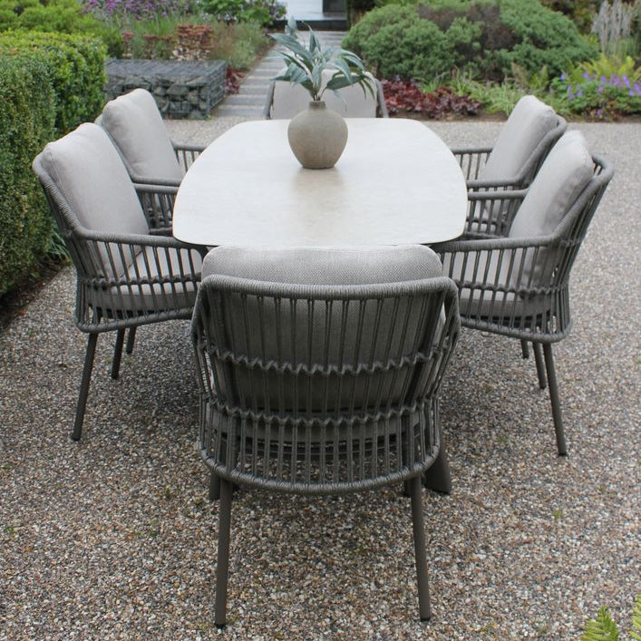 Alicante 6 Seat Dining Set with Manolo Barrell Table in Terre | 4 Seasons Outdoor