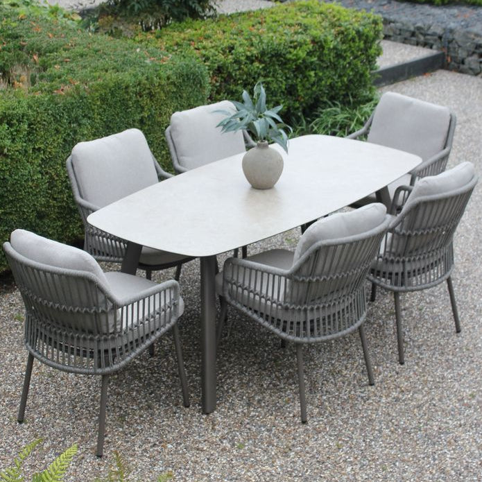 Alicante 6 Seat Dining Set with Manolo Barrell Table in Terre | 4 Seasons Outdoor