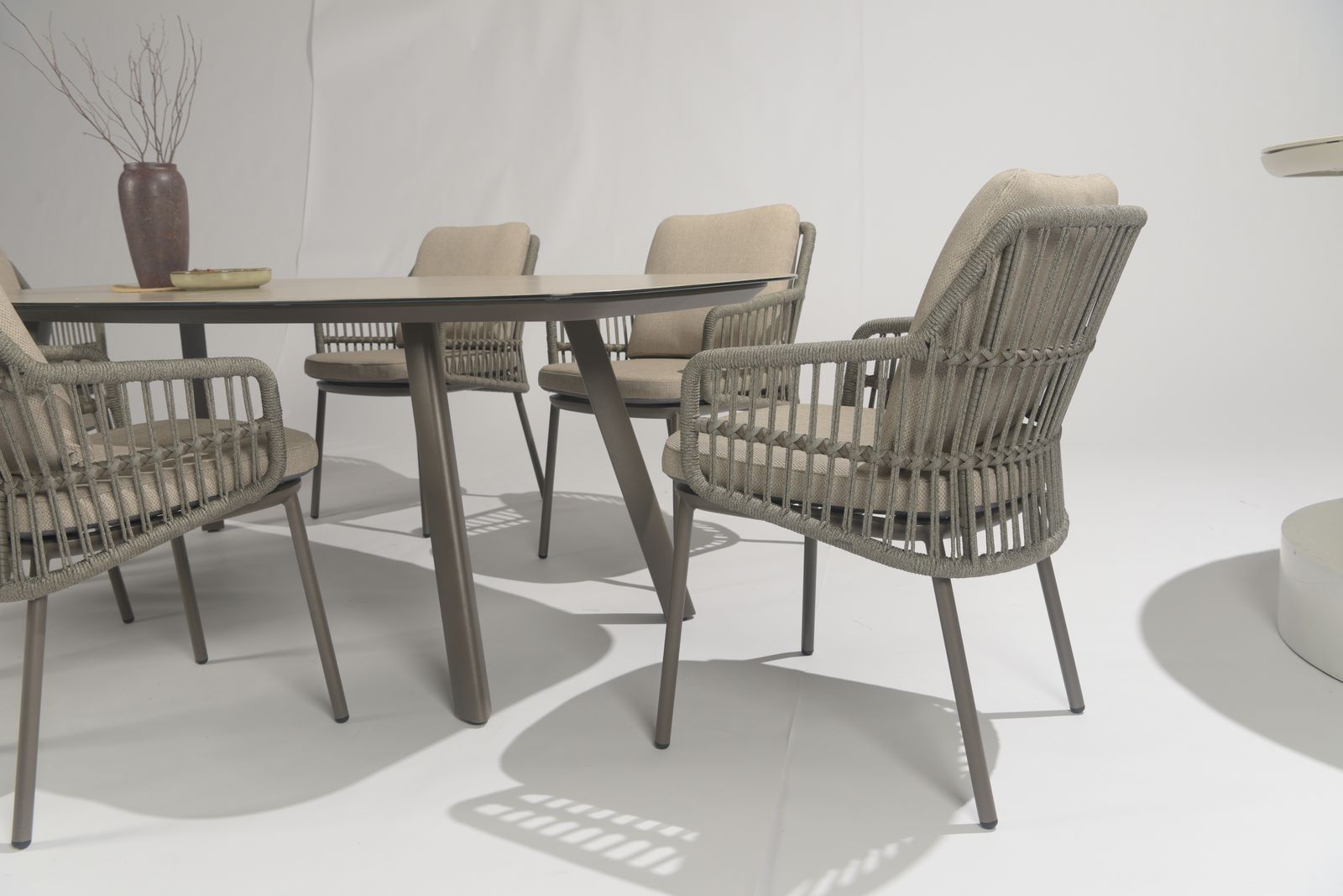 Alicante 6 Seat Dining Set with Manolo Barrell Table in Terre | 4 Seasons Outdoor