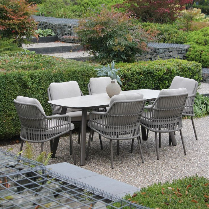 Alicante 6 Seat Dining Set with Manolo Barrell Table in Terre | 4 Seasons Outdoor