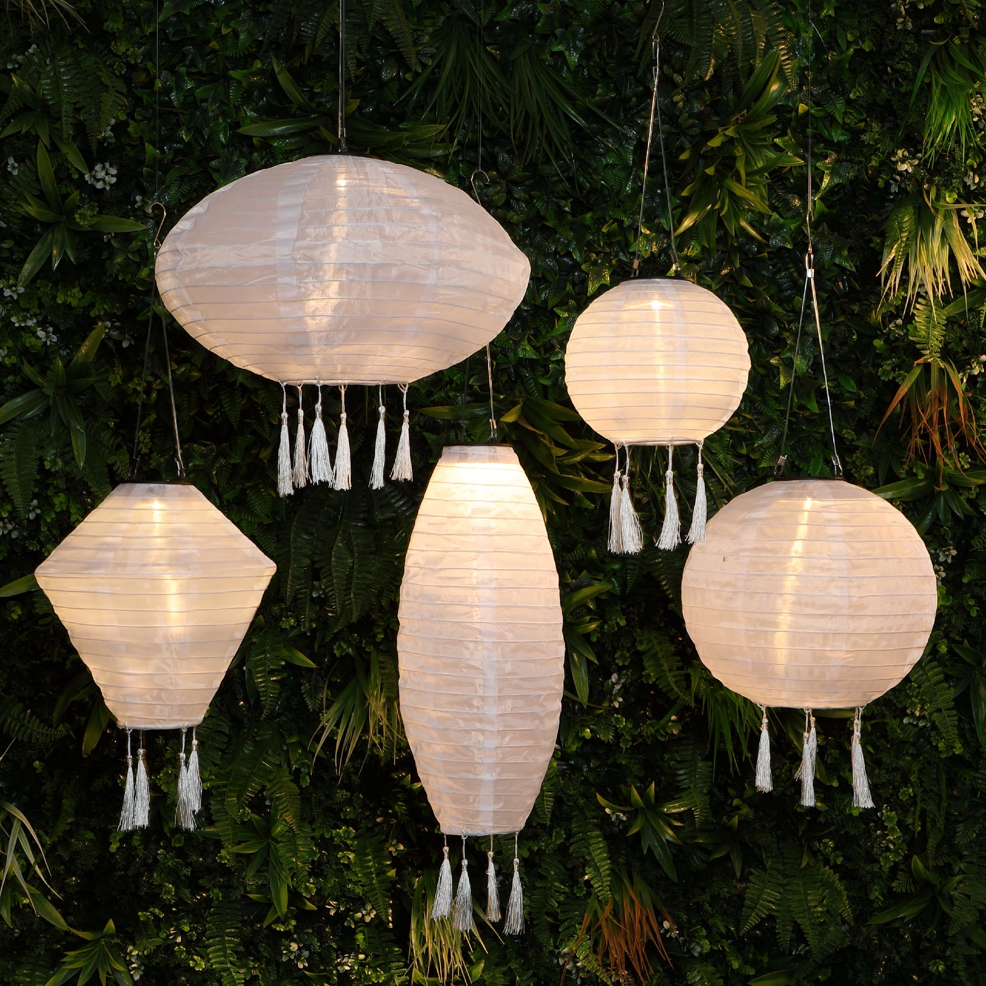 Noma | 30cm Mandarin Round White Solar Lantern With Tassels