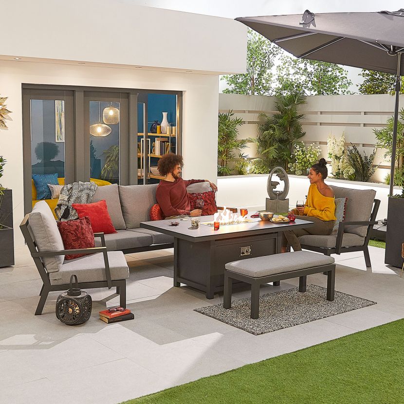 Outdoor Sofa Lounge with Firepit Table in Grey Aluminium - Vogue by Nova