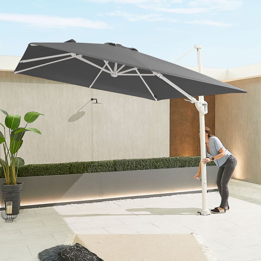 Nova | Galaxy 3m Square Cantilever Parasol with LED Lights - Grey - White Frame - With Base