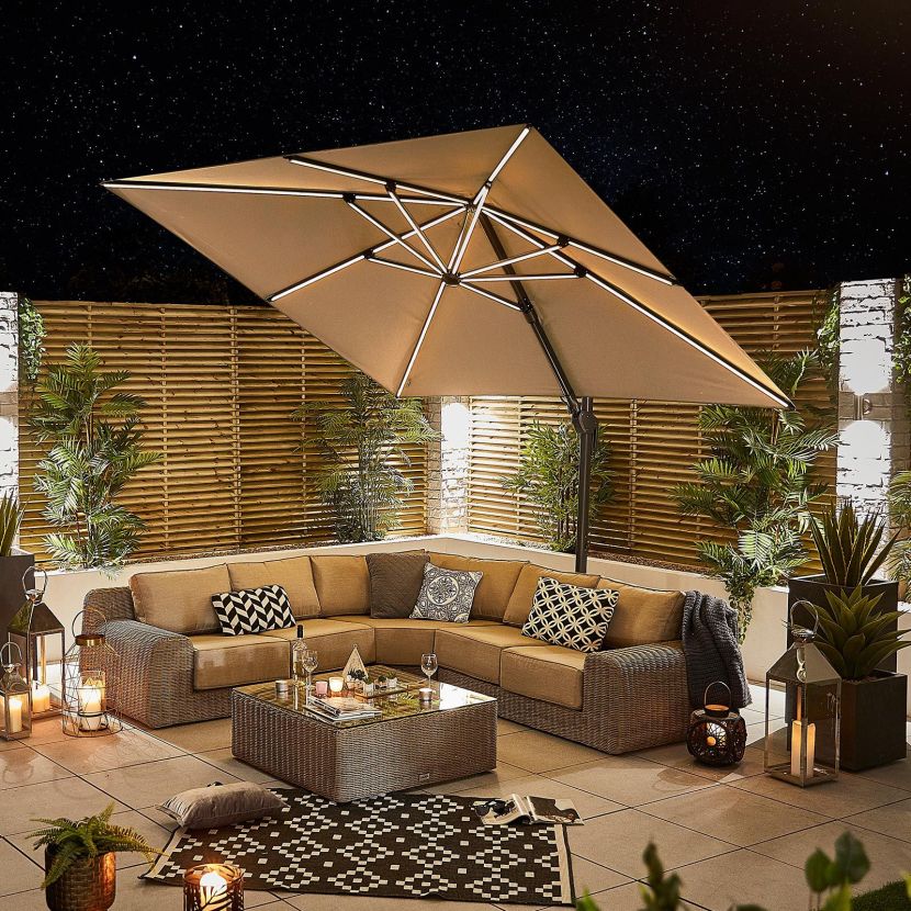 Nova | Galaxy 3m x 3m Square Cantilever Parasol with LED Lights - Beige- With Base