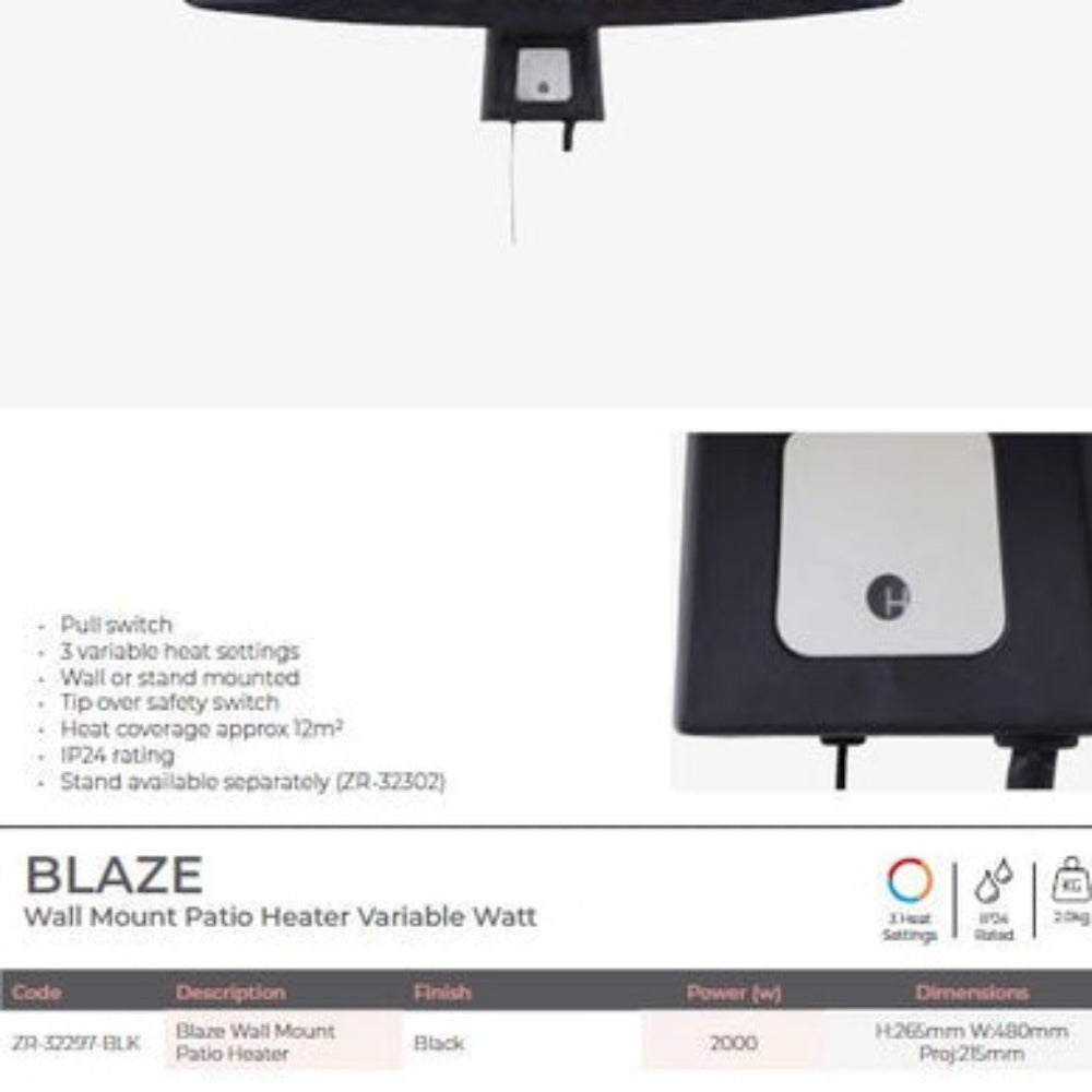 Blaze Wall or Stand Mounted Patio Heater (2000W)
