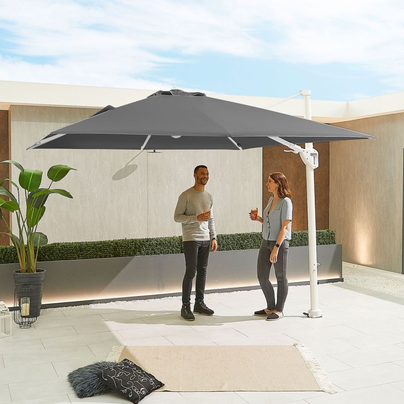 Nova | Galaxy 3m Square Cantilever Parasol with LED Lights - Grey - White Frame - With Base