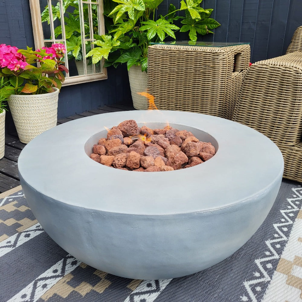Ibiza Compact Gas Firepit Bowl in Light Grey - FREE Glass Wind Guard