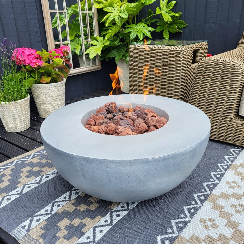 Ibiza Compact Gas Firepit Bowl in Light Grey - FREE Glass Wind Guard