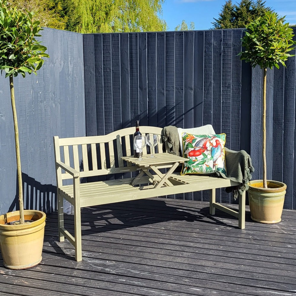 Wooden Garden Bench with Pop Up Table in Antique Grey - Acacia By Pacific Lifestyle